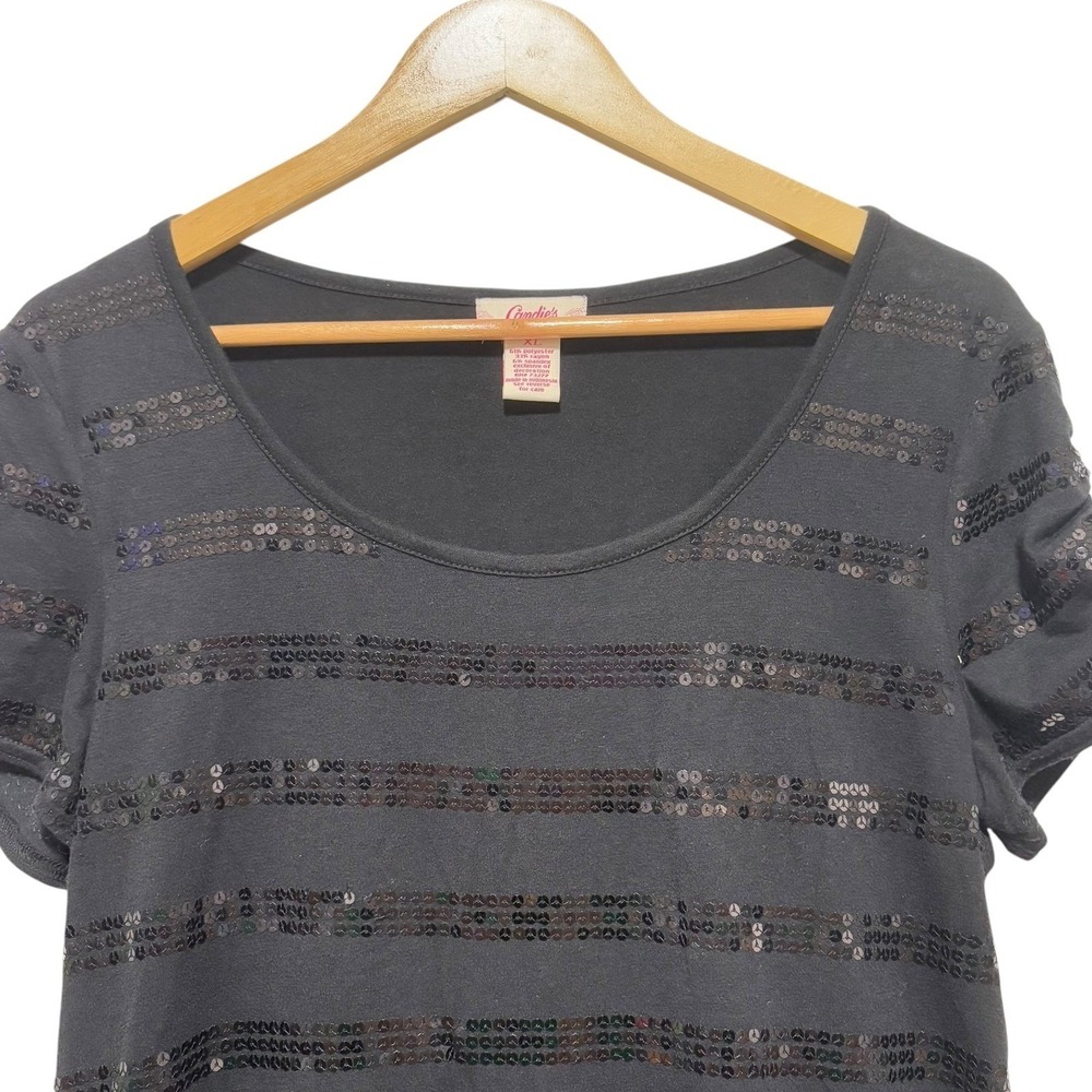 Candies Womens Top XL‎ Y2K Black Sequin Stripe Party Clubwear Retro Sparkly Glam